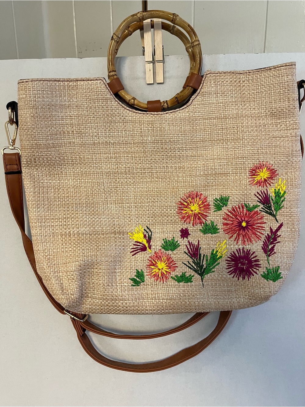 Embroidered Straw Tote Bag with Bamboo Handle - Beige Floral